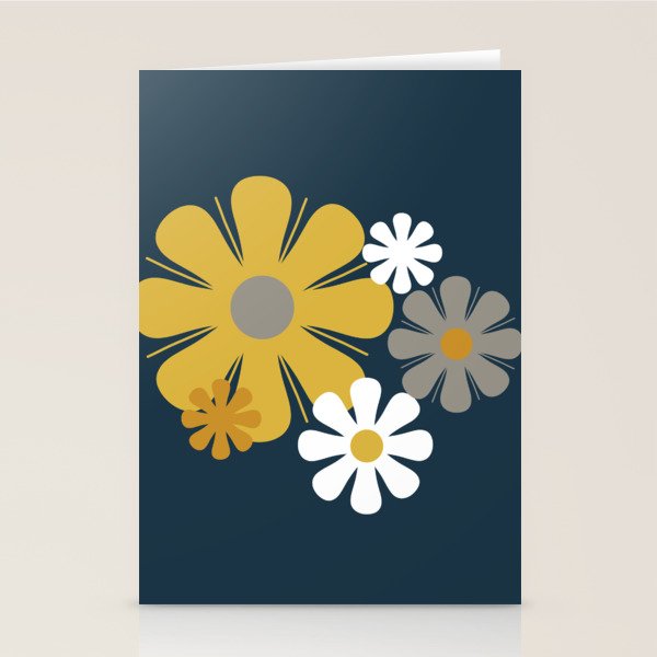 Flower Locus Retro Minimalist Floral Pattern Navy Blue Mustard Yellow Gray White  Stationery Card Gallery Image 2