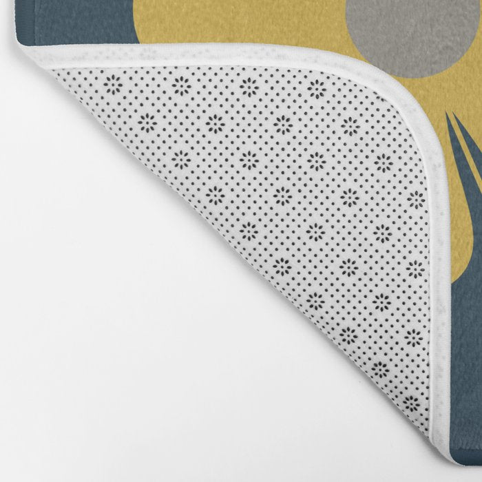 Flower Locus Retro Minimalist Floral Pattern Navy Blue Mustard Yellow Gray White  Bath Mat Gallery Image 2