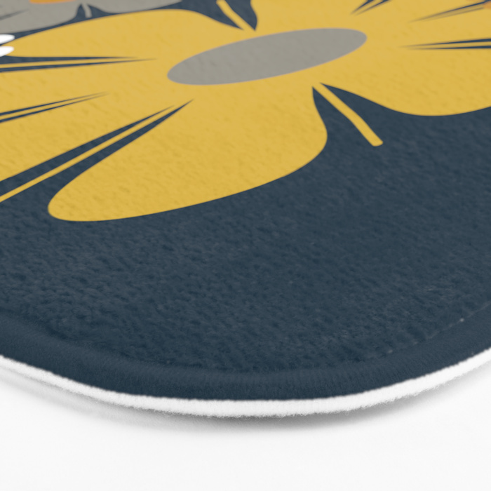 Flower Locus Retro Minimalist Floral Pattern Navy Blue Mustard Yellow Gray White  Bath Mat Gallery Image 3