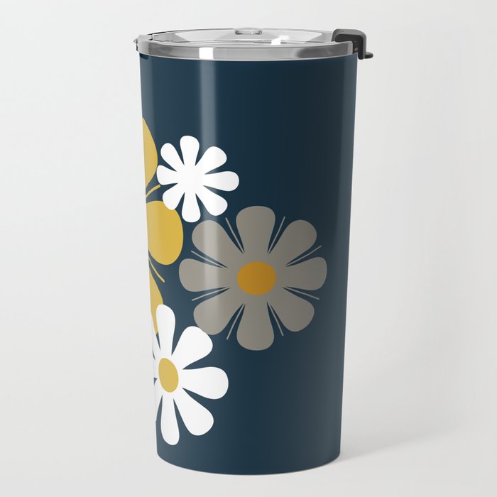 Flower Locus Retro Minimalist Floral Pattern Navy Blue Mustard Yellow Gray White  Travel Mug Gallery Image 2