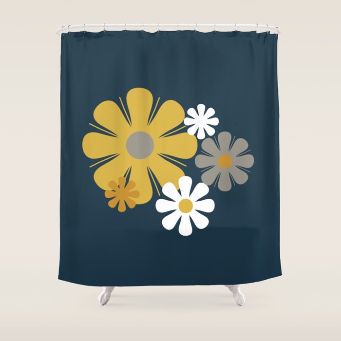 Flower Locus Retro Minimalist Floral Pattern Navy Blue Mustard Yellow Gray White  Shower Curtain Gallery Image 1