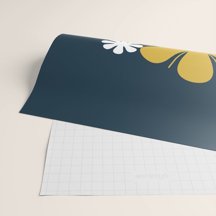Flower Locus Retro Minimalist Floral Pattern Navy Blue Mustard Yellow Gray White  Wrapping Paper Gallery Image 2
