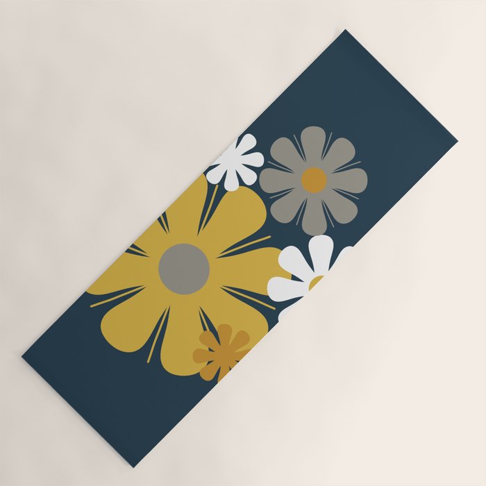 Flower Locus Retro Minimalist Floral Pattern Navy Blue Mustard Yellow Gray White  Yoga Mat Gallery Image 1
