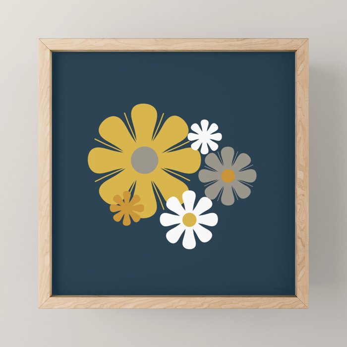Flower Locus Retro Minimalist Floral Pattern Navy Blue Mustard Yellow Gray White  Mini Art Print Gallery Image 1
