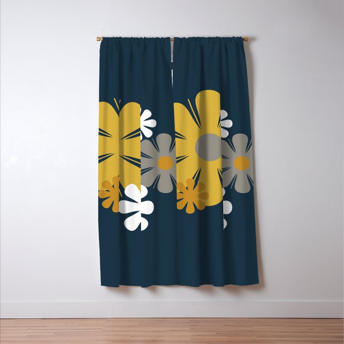 Flower Locus Retro Minimalist Floral Pattern Navy Blue Mustard Yellow Gray White  Window Curtain Gallery Image 3