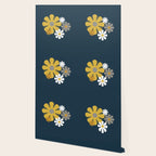 Flower Locus Retro Minimalist Floral Pattern Navy Blue Mustard Yellow Gray White  Wallpaper Gallery Image 2