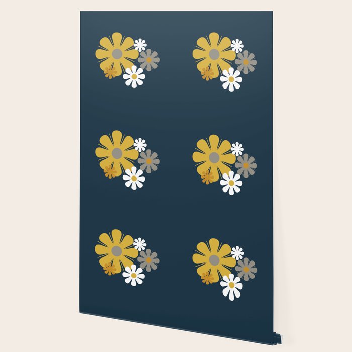 Flower Locus Retro Minimalist Floral Pattern Navy Blue Mustard Yellow Gray White  Wallpaper Gallery Image 2