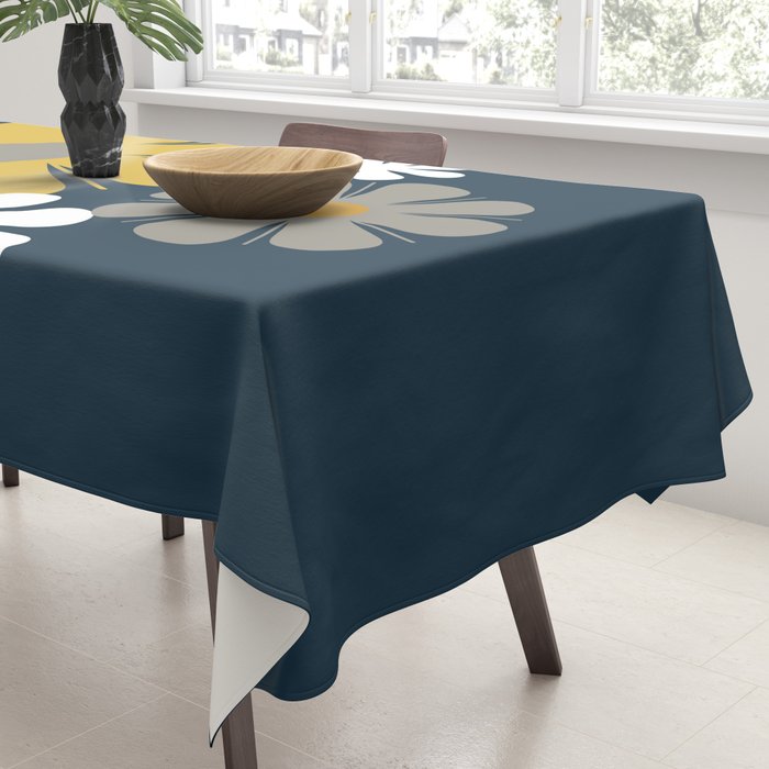 Flower Locus Retro Minimalist Floral Pattern Navy Blue Mustard Yellow Gray White  Tablecloth Gallery Image 3