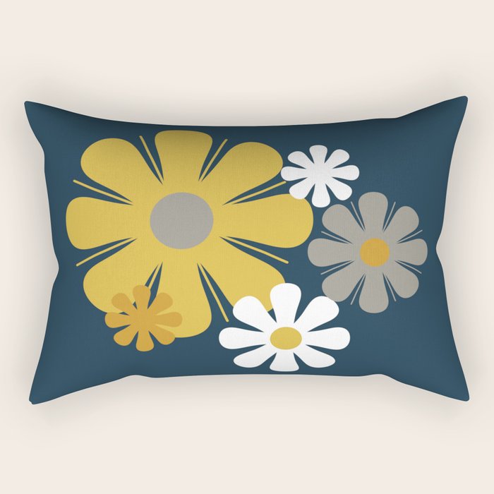 Flower Locus Retro Minimalist Floral Pattern Navy Blue Mustard Yellow Gray White  Rectangular Pillow Gallery Image 1
