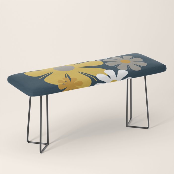 Flower Locus Retro Minimalist Floral Pattern Navy Blue Mustard Yellow Gray White  Bench Gallery Image 1
