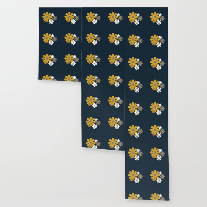 Flower Locus Retro Minimalist Floral Pattern Navy Blue Mustard Yellow Gray White  Wallpaper Gallery Image 3