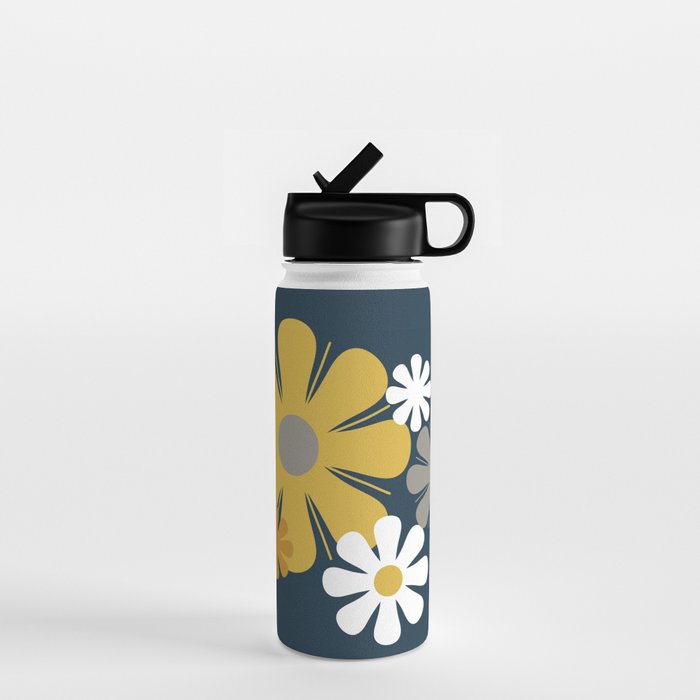 Flower Locus Retro Minimalist Floral Pattern Navy Blue Mustard Yellow Gray White  Water Bottle Gallery Image 1