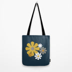 Flower Locus Retro Minimalist Floral Pattern Navy Blue Mustard Yellow Gray White  Tote Bag Gallery Image 2