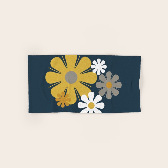 Flower Locus Retro Minimalist Floral Pattern Navy Blue Mustard Yellow Gray White  Bath Towel Gallery Image 1