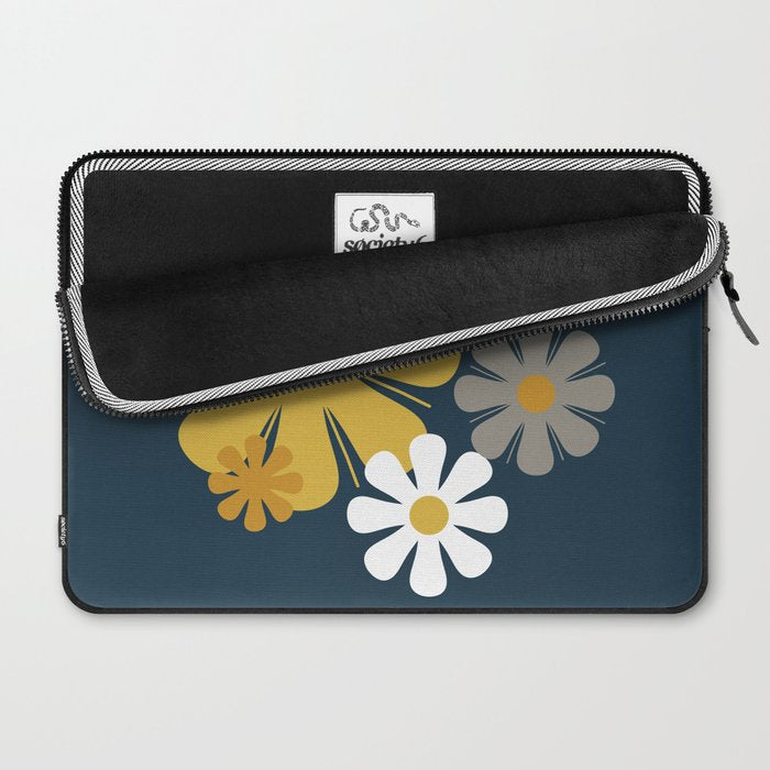 Flower Locus Retro Minimalist Floral Pattern Navy Blue Mustard Yellow Gray White  Laptop Sleeve Gallery Image 2