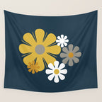 Flower Locus Retro Minimalist Floral Pattern Navy Blue Mustard Yellow Gray White  Wall Tapestry Gallery Image 4