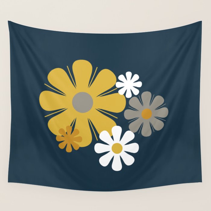 Flower Locus Retro Minimalist Floral Pattern Navy Blue Mustard Yellow Gray White  Wall Tapestry Gallery Image 4