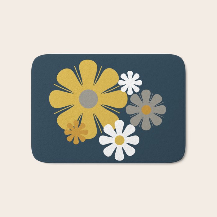 Flower Locus Retro Minimalist Floral Pattern Navy Blue Mustard Yellow Gray White  Bath Mat Gallery Image 1