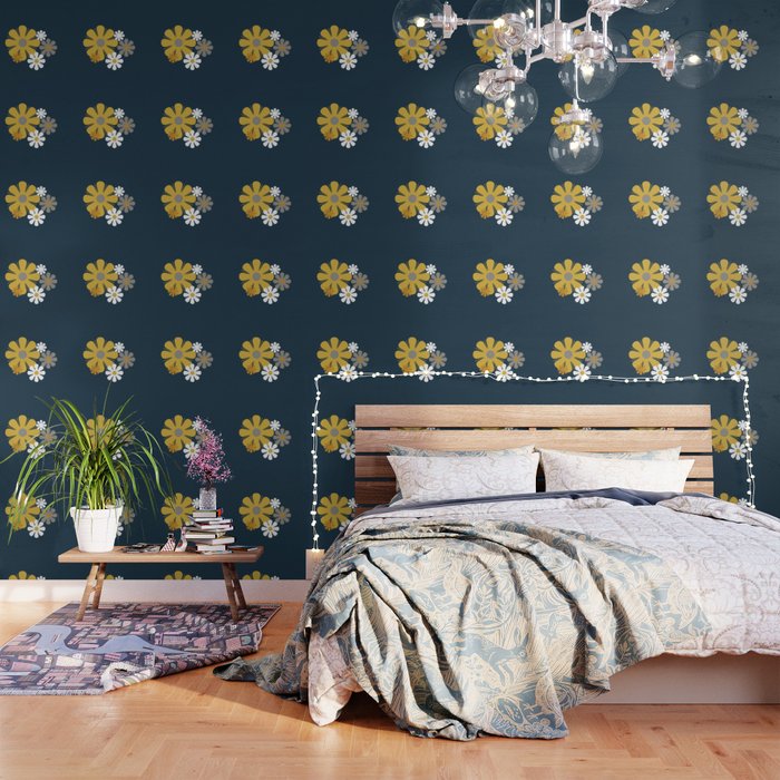 Flower Locus Retro Minimalist Floral Pattern Navy Blue Mustard Yellow Gray White  Wallpaper Gallery Image 3