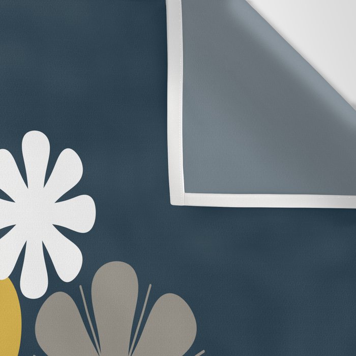 Flower Locus Retro Minimalist Floral Pattern Navy Blue Mustard Yellow Gray White  Wall Tapestry Gallery Image 3