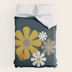 Flower Locus Retro Minimalist Floral Pattern Navy Blue Mustard Yellow Gray White  Duvet Cover Gallery Image 6