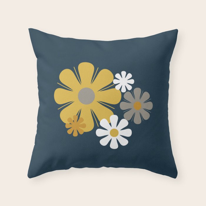 Flower Locus Retro Minimalist Floral Pattern Navy Blue Mustard Yellow Gray White  Throw Pillow Gallery Image 6