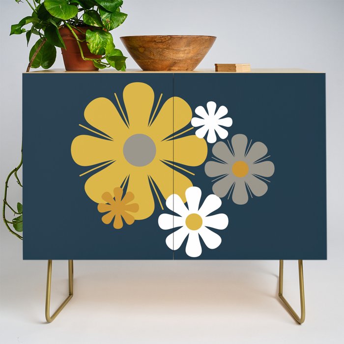 Flower Locus Retro Minimalist Floral Pattern Navy Blue Mustard Yellow Gray White  Credenza Gallery Image 1