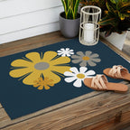 Flower Locus Retro Minimalist Floral Pattern Navy Blue Mustard Yellow Gray White  Outdoor Rug Gallery Image 2