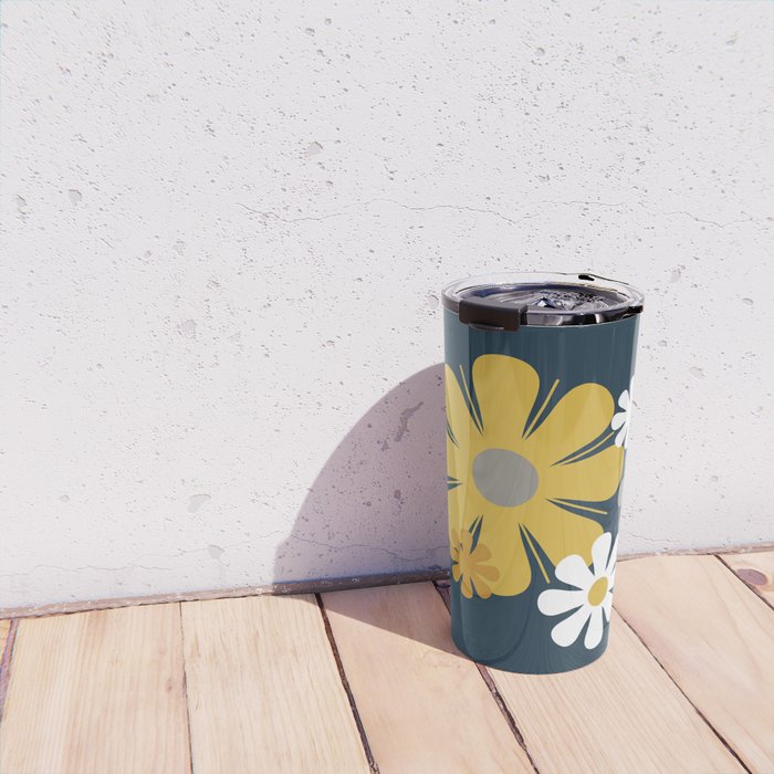 Flower Locus Retro Minimalist Floral Pattern Navy Blue Mustard Yellow Gray White  Travel Mug Gallery Image 4