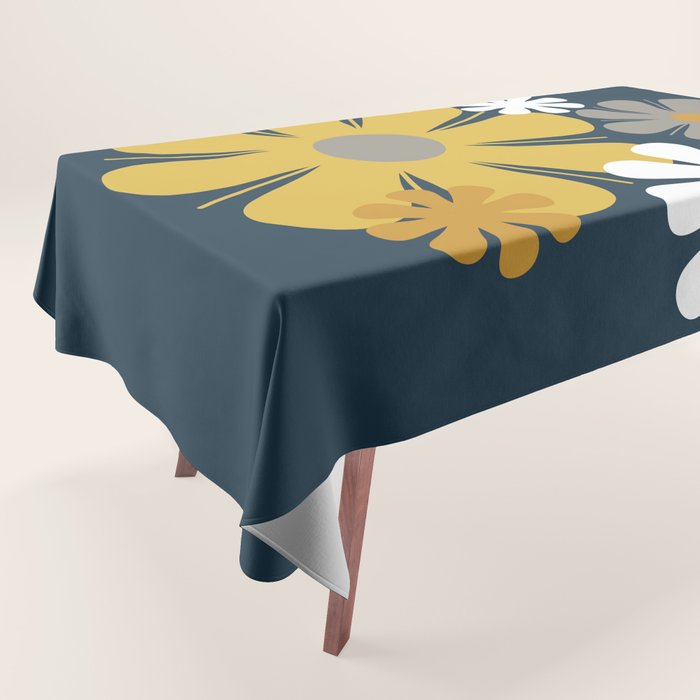 Flower Locus Retro Minimalist Floral Pattern Navy Blue Mustard Yellow Gray White  Tablecloth Gallery Image 1