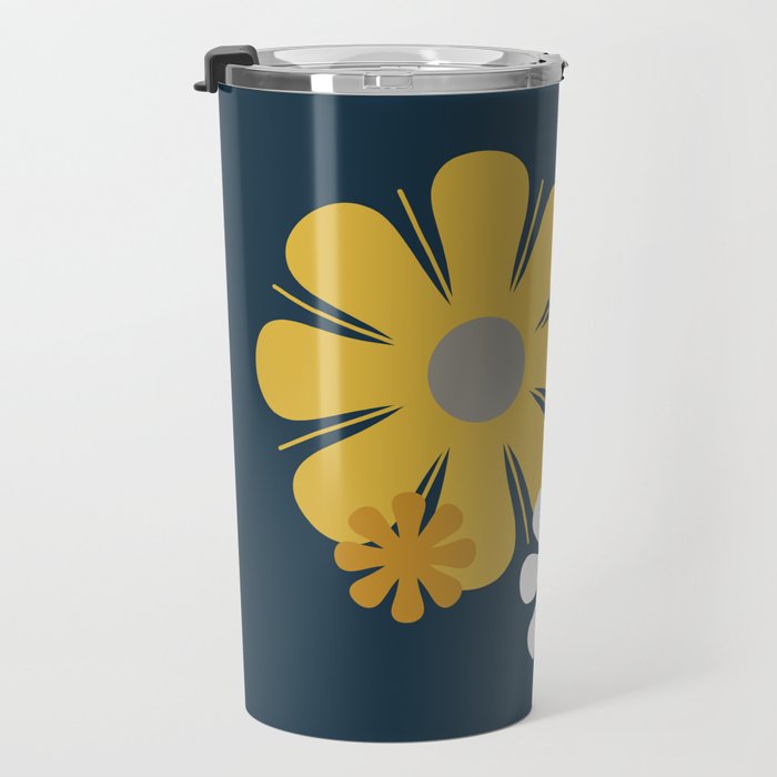 Flower Locus Retro Minimalist Floral Pattern Navy Blue Mustard Yellow Gray White  Travel Mug Gallery Image 3