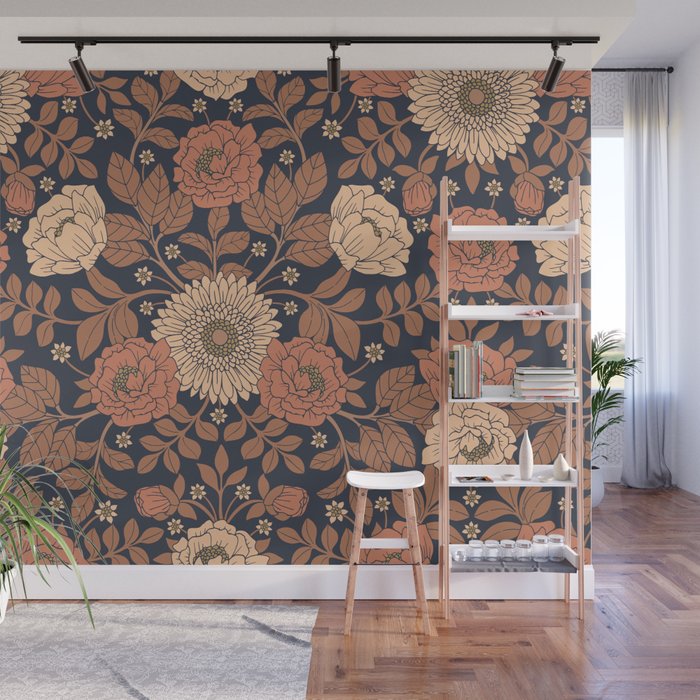 Peach, Dusty Rose, Mauve & Blue-Gray Floral Pattern Wall Mural Gallery Image 1