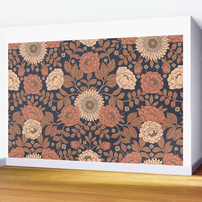 Peach, Dusty Rose, Mauve & Blue-Gray Floral Pattern Wall Mural Gallery Image 2