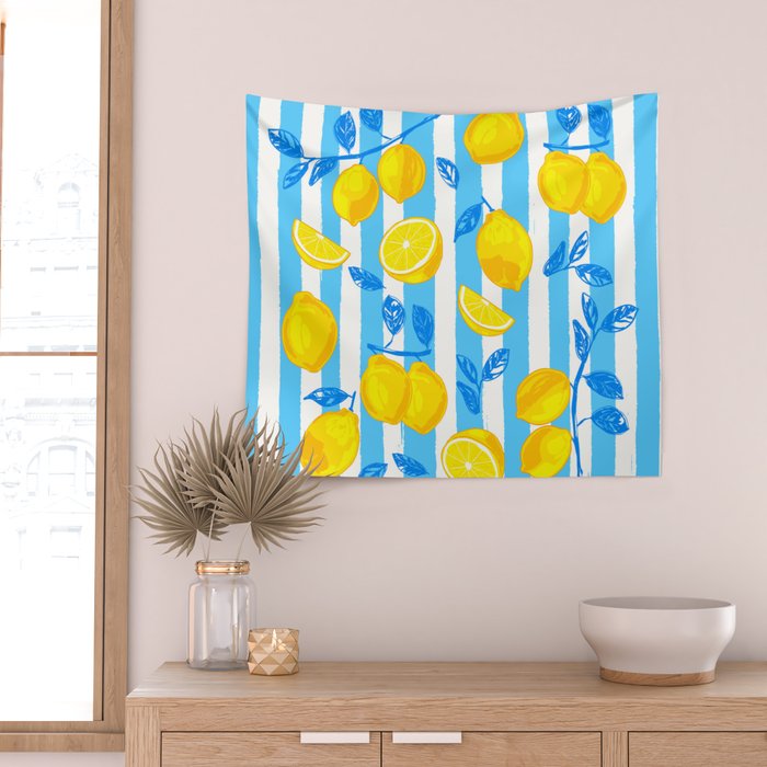 Italian Summer Lemons Pattern Coastal Mediterranean Illustration Wall Tapestry Gallery Image 2