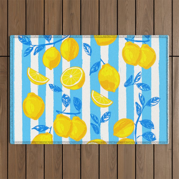 Italian Summer Lemons Pattern Coastal Mediterranean Illustration Outdoor Rug Gallery Image 1
