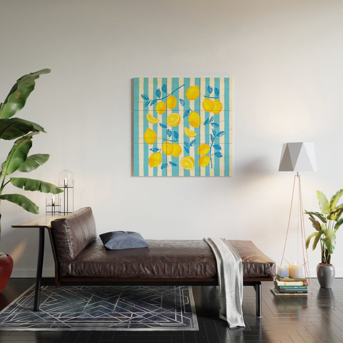Italian Summer Lemons Pattern Coastal Mediterranean Illustration Wood Wall Art Gallery Image 2