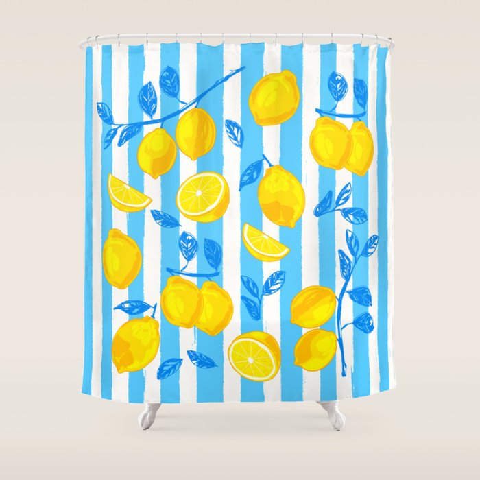Italian Summer Lemons Pattern Coastal Mediterranean Illustration Shower Curtain Gallery Image 1