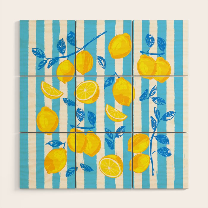 Italian Summer Lemons Pattern Coastal Mediterranean Illustration Wood Wall Art Gallery Image 1