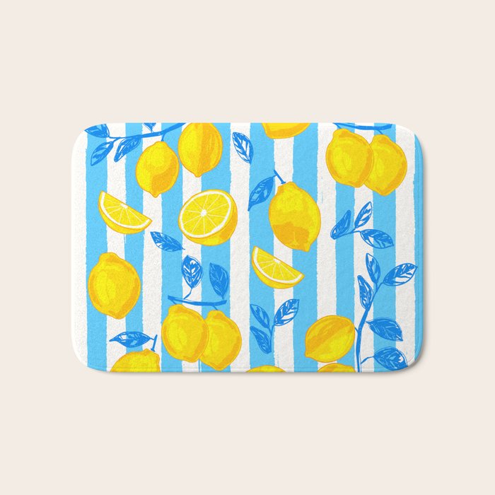 Italian Summer Lemons Pattern Coastal Mediterranean Illustration Bath Mat Gallery Image 1