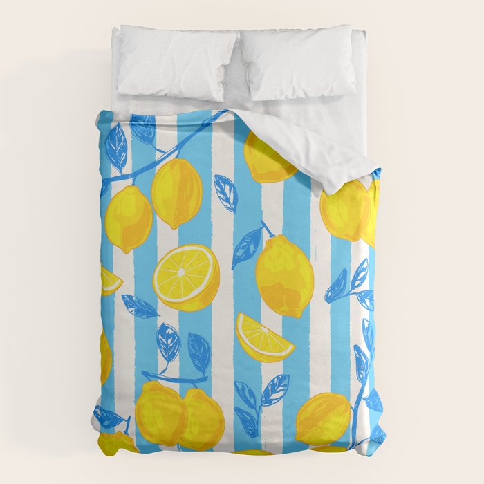 Italian Summer Lemons Pattern Coastal Mediterranean Illustration Duvet Cover Gallery Image 1