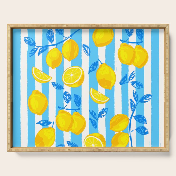 Italian Summer Lemons Pattern Coastal Mediterranean Illustration Serving Tray Gallery Image 1