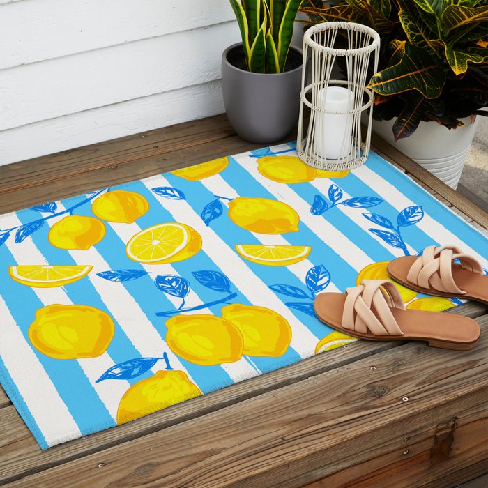 Italian Summer Lemons Pattern Coastal Mediterranean Illustration Outdoor Rug Gallery Image 2