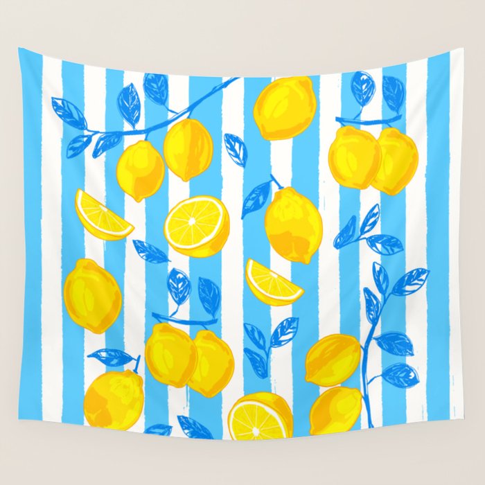 Italian Summer Lemons Pattern Coastal Mediterranean Illustration Wall Tapestry Gallery Image 4