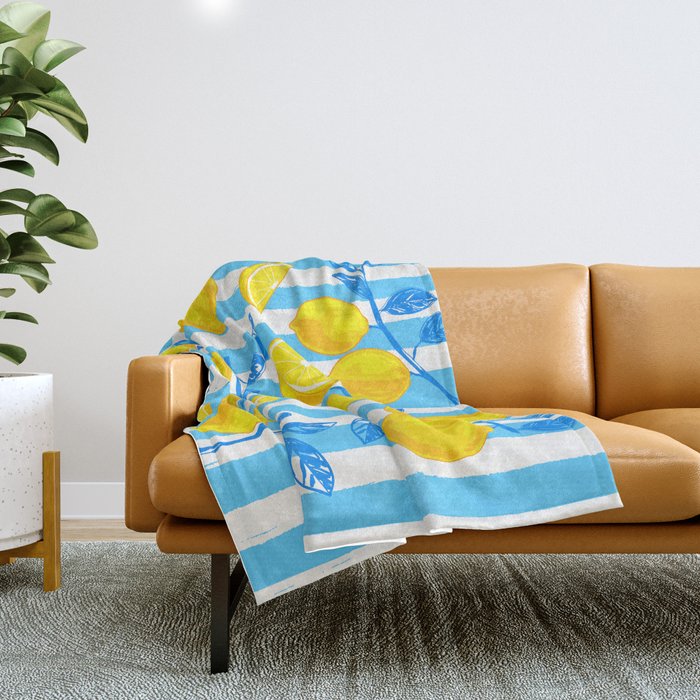 Italian Summer Lemons Pattern Coastal Mediterranean Illustration Throw Blanket Gallery Image 1
