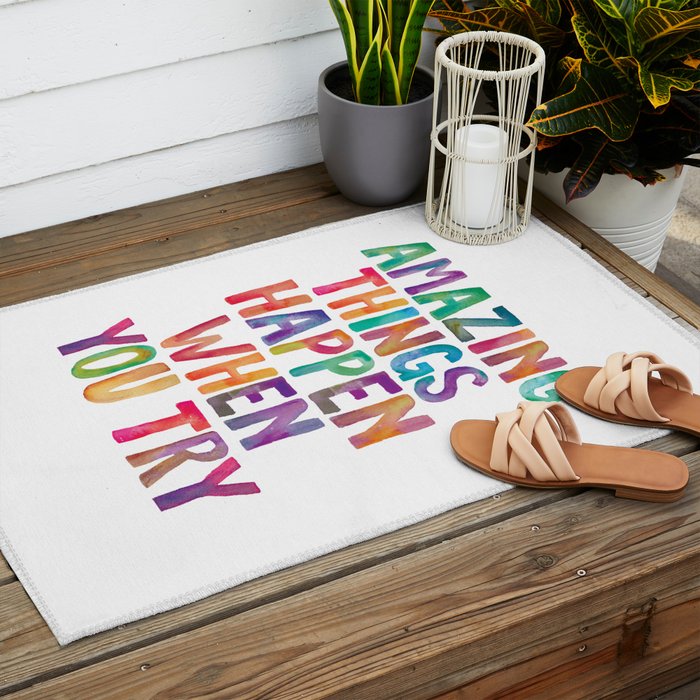 AMAZING THINGS HAPPEN WHEN YOU TRY rainbow watercolor Outdoor Rug Gallery Image 2