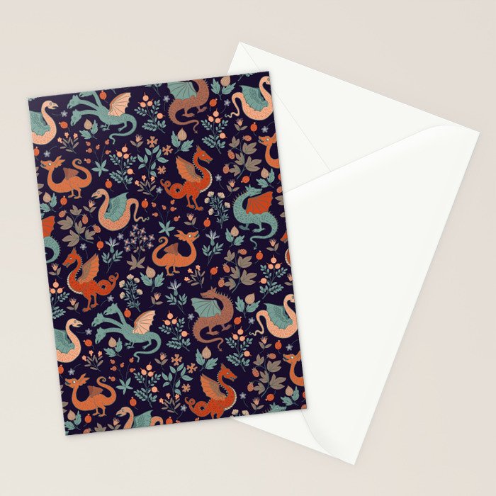 Dragons and Flowers Dark Purple Stationery Card Gallery Image 2