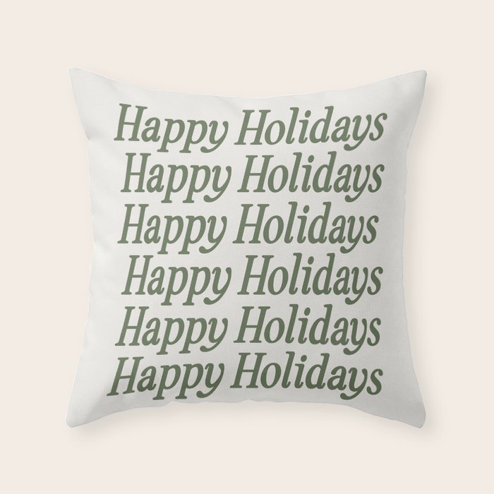 Happy Holidays Muted Green On Cream Throw Pillow Gallery Image 1