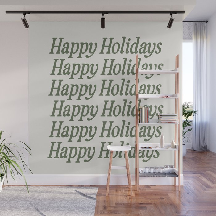 Happy Holidays Muted Green On Cream Wall Mural Gallery Image 1