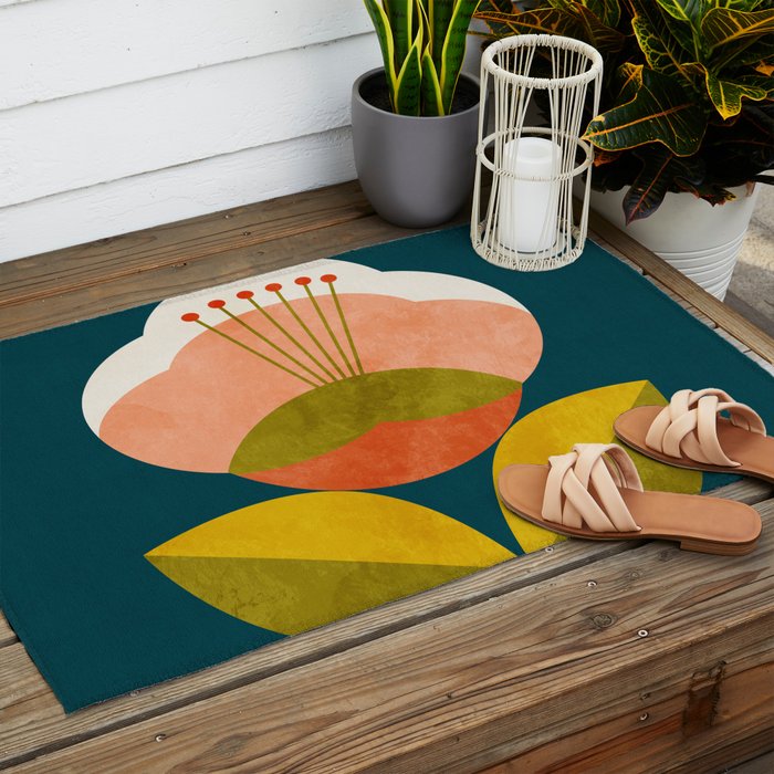 retro midcentury flower Outdoor Rug Gallery Image 2