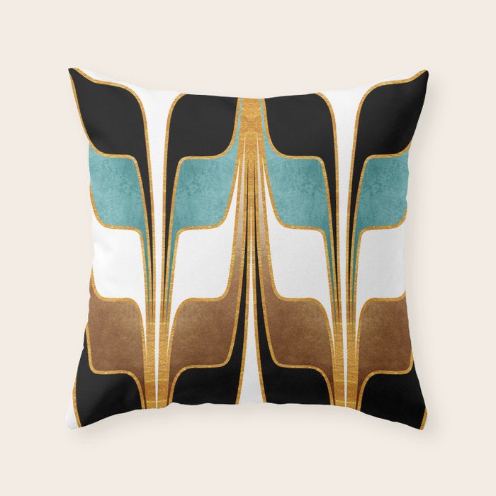 Mid Century Modern Liquid Watercolor Abstract / Faux Gold, Ocean Blue Teal, Brown, Black, White/ V1 Throw Pillow